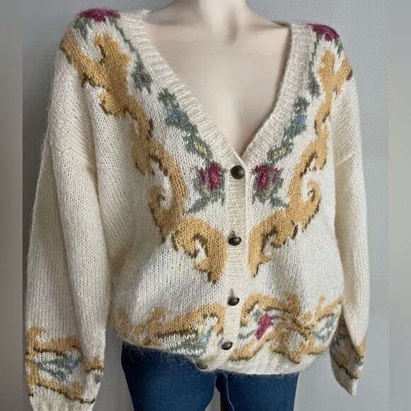 Vintage Express Le Internationale Mohair Cardigan Baroque Floral Knit Fits M-L - Picture 1 of 12